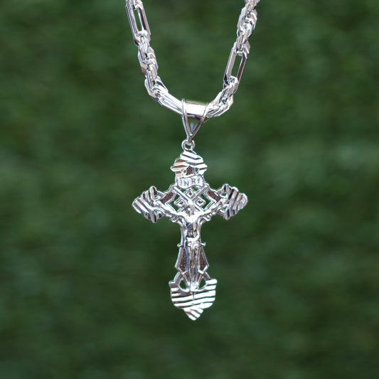 5mm 24 inch Silver Milano Rope Chain w/ 2.5 Inch INRI Cross Pendant
